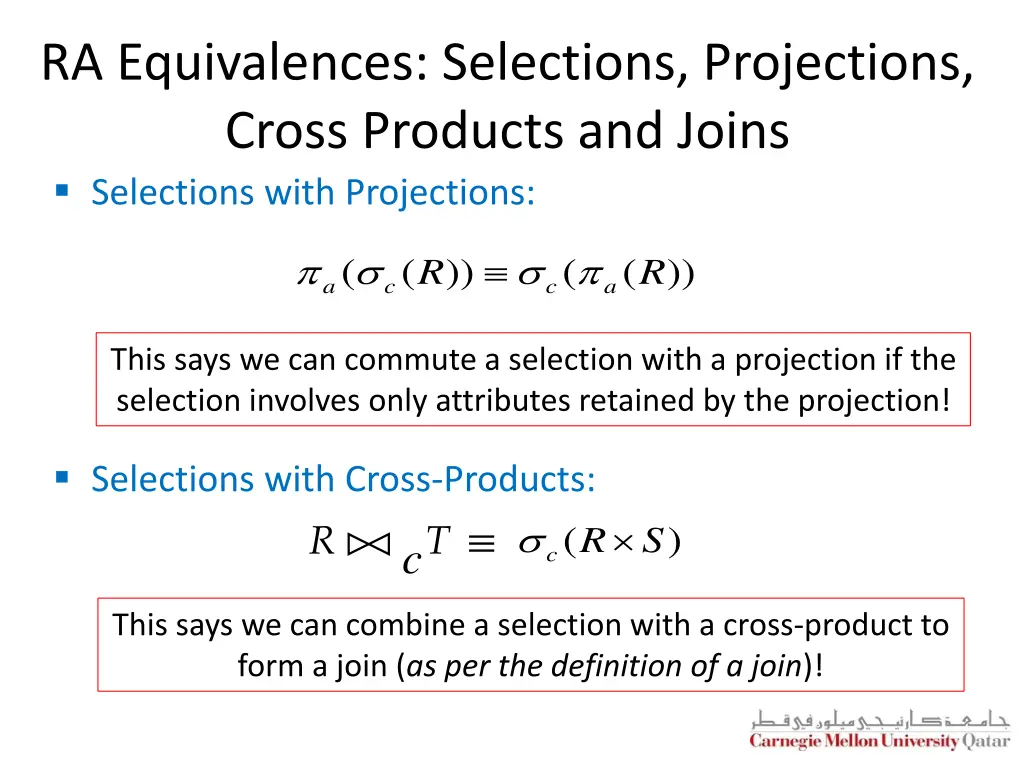 ra equivalences selections projections cross