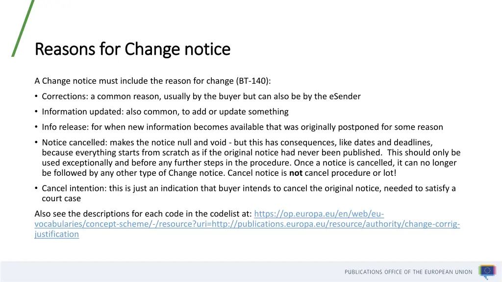 reasons for change notice reasons for change