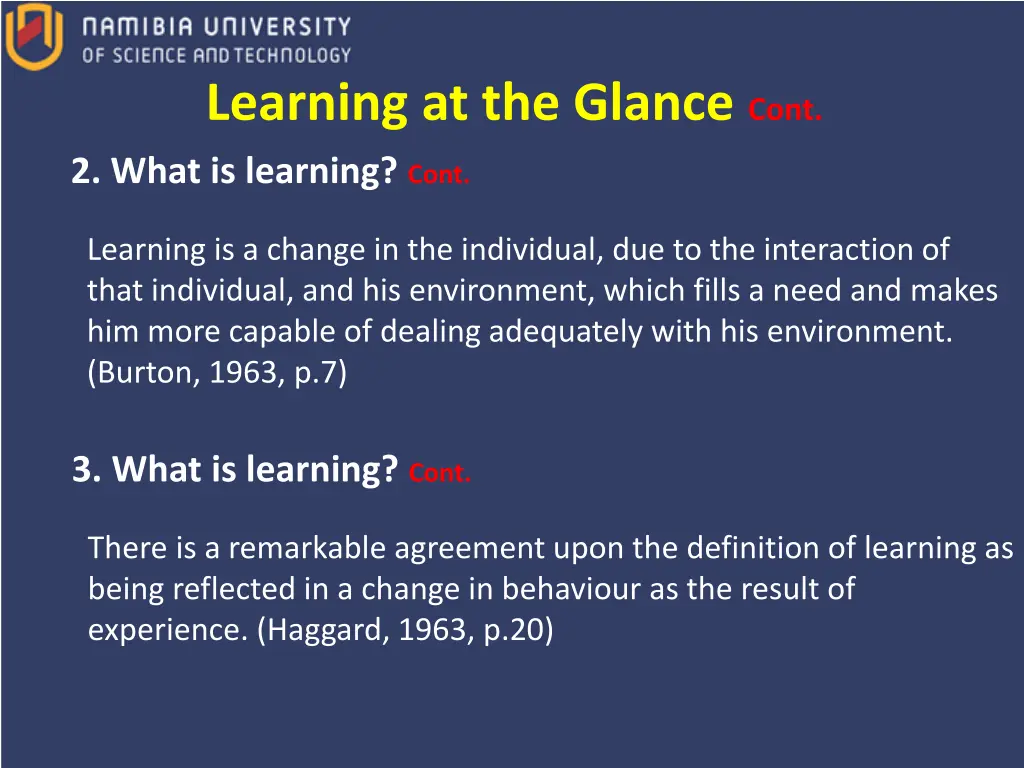 learning at the glance cont 2 what is learning