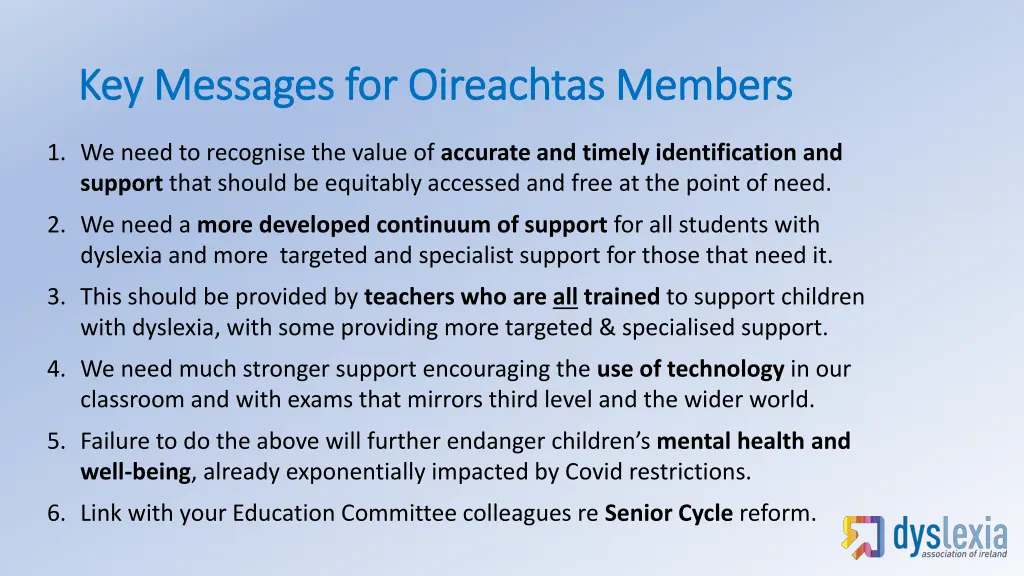 key messages for oireachtas members key messages