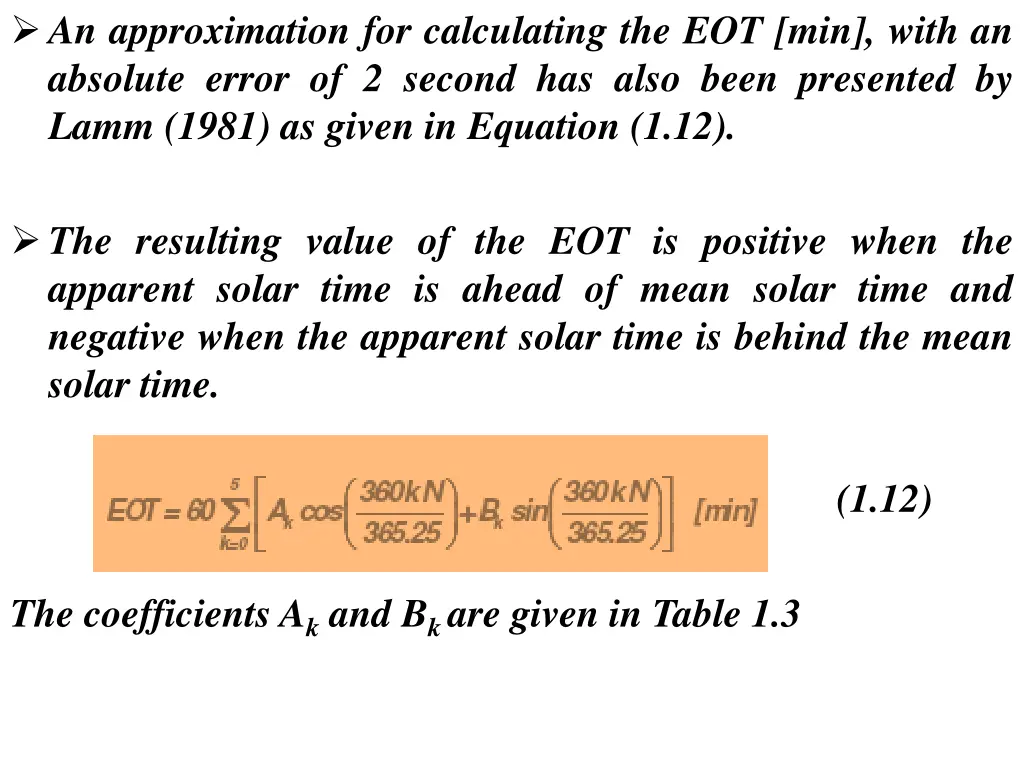 an approximation for calculating the eot min with