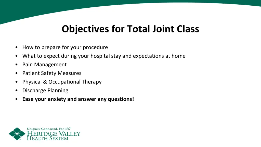 objectives for total joint class