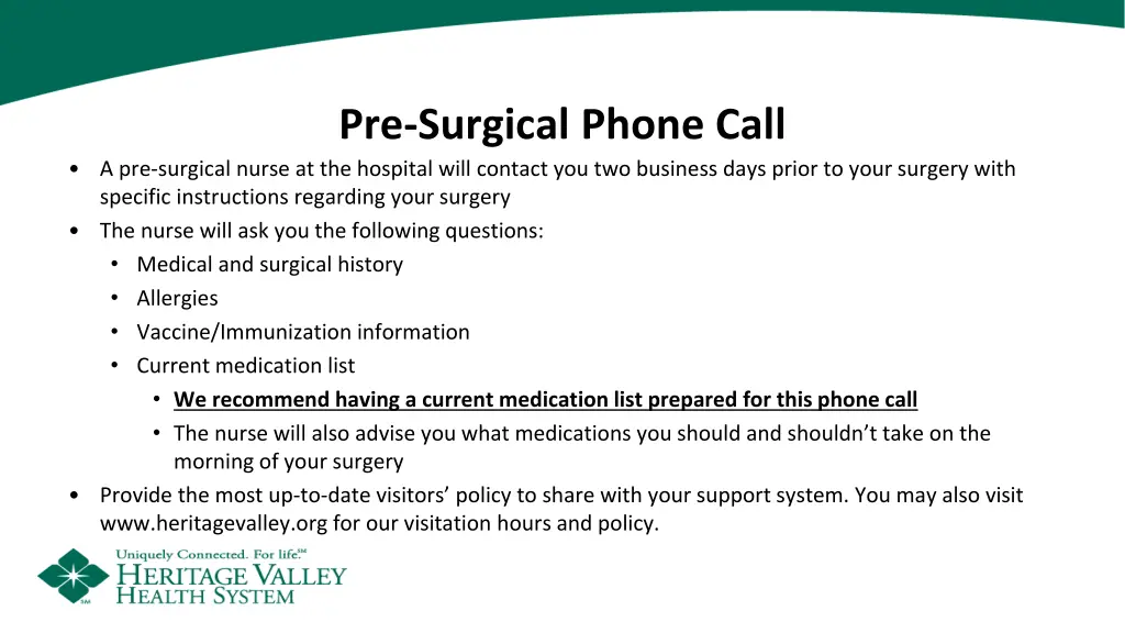 pre surgical phone call