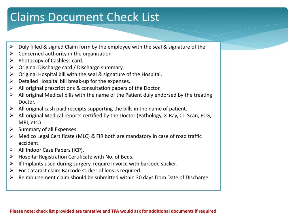 claims document check list