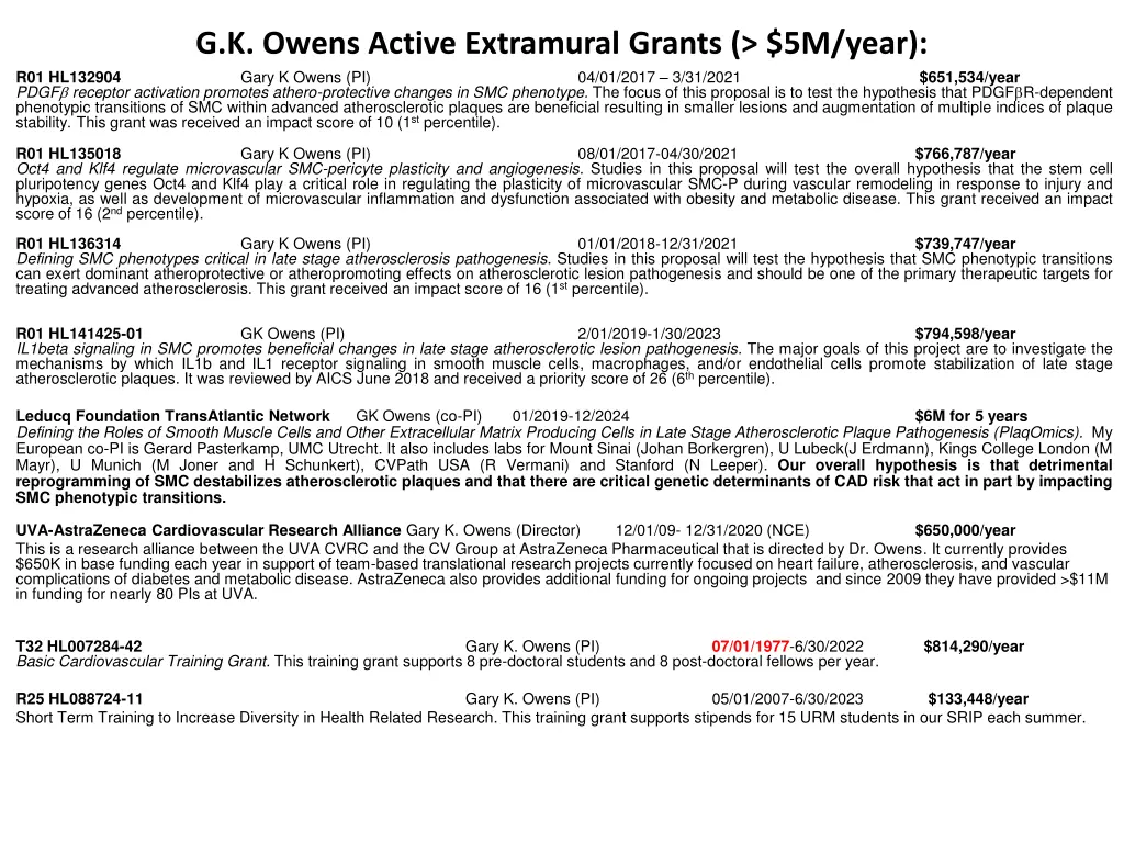 g k owens active extramural grants 5m year gary