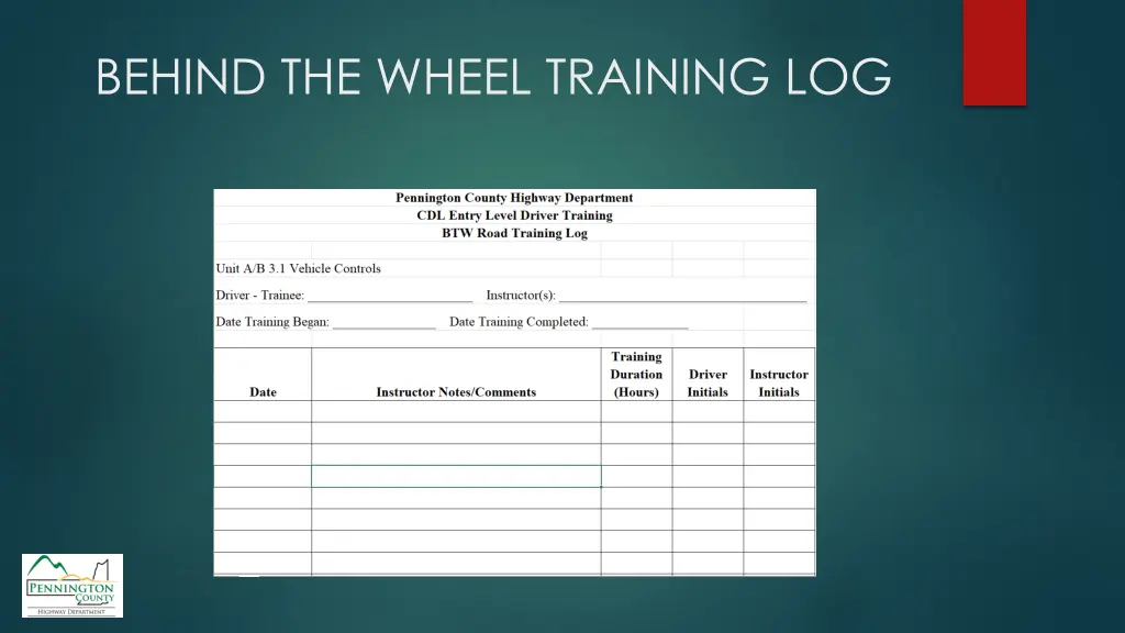 behind the wheel training log