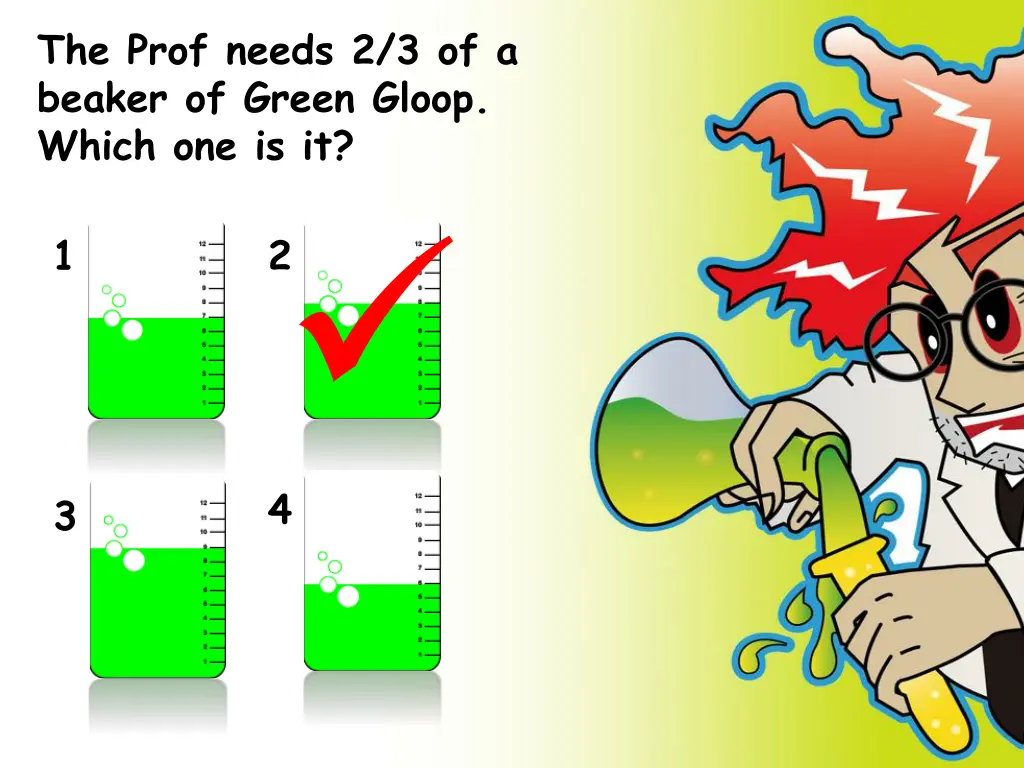 the prof needs 2 3 of a beaker of green gloop