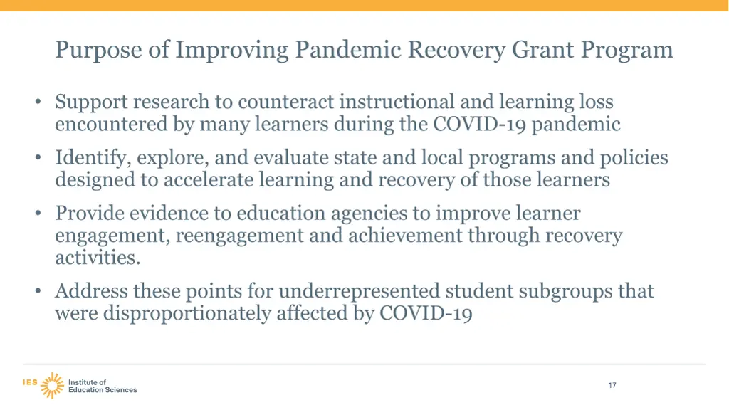 purpose of improving pandemic recovery grant