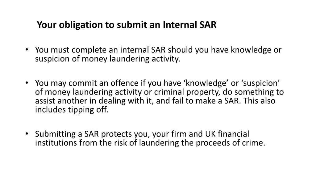 your obligation to submit an internal sar