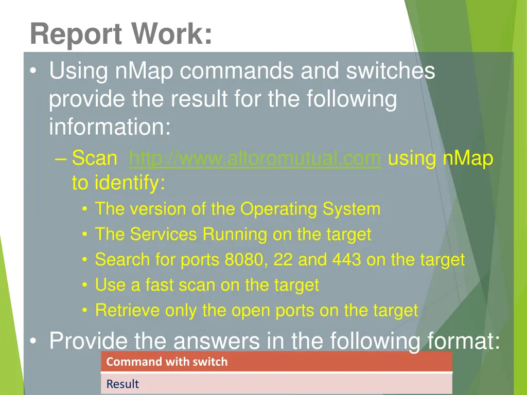 report work using nmap commands and switches