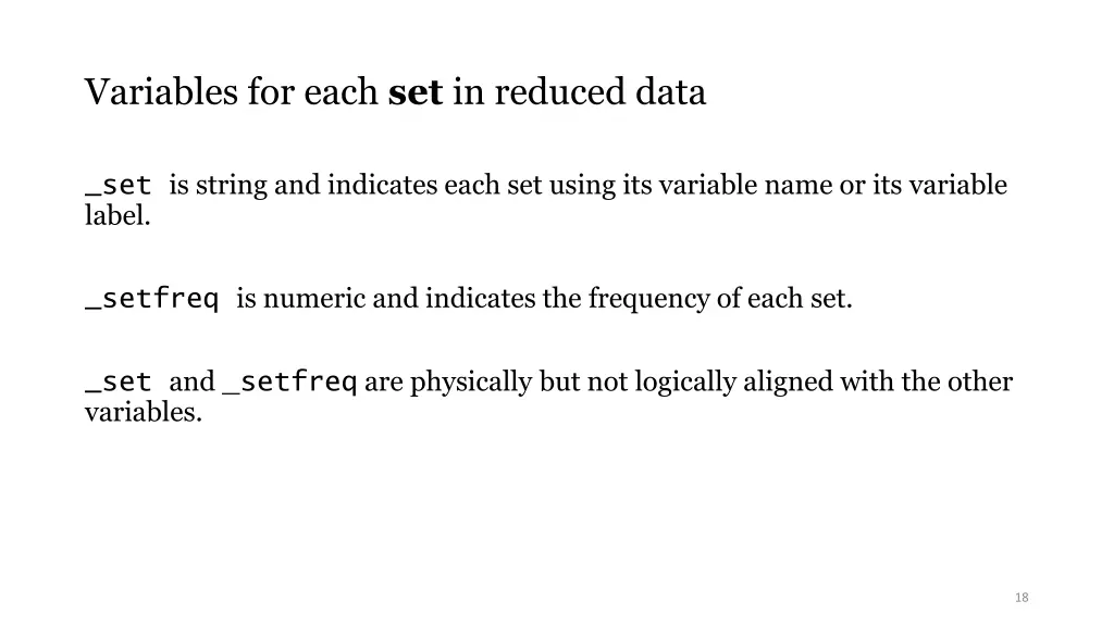 variables for each set in reduced data