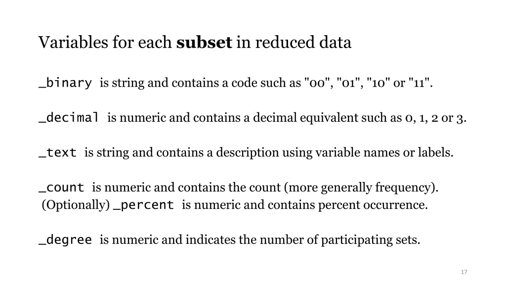 variables for each subset in reduced data