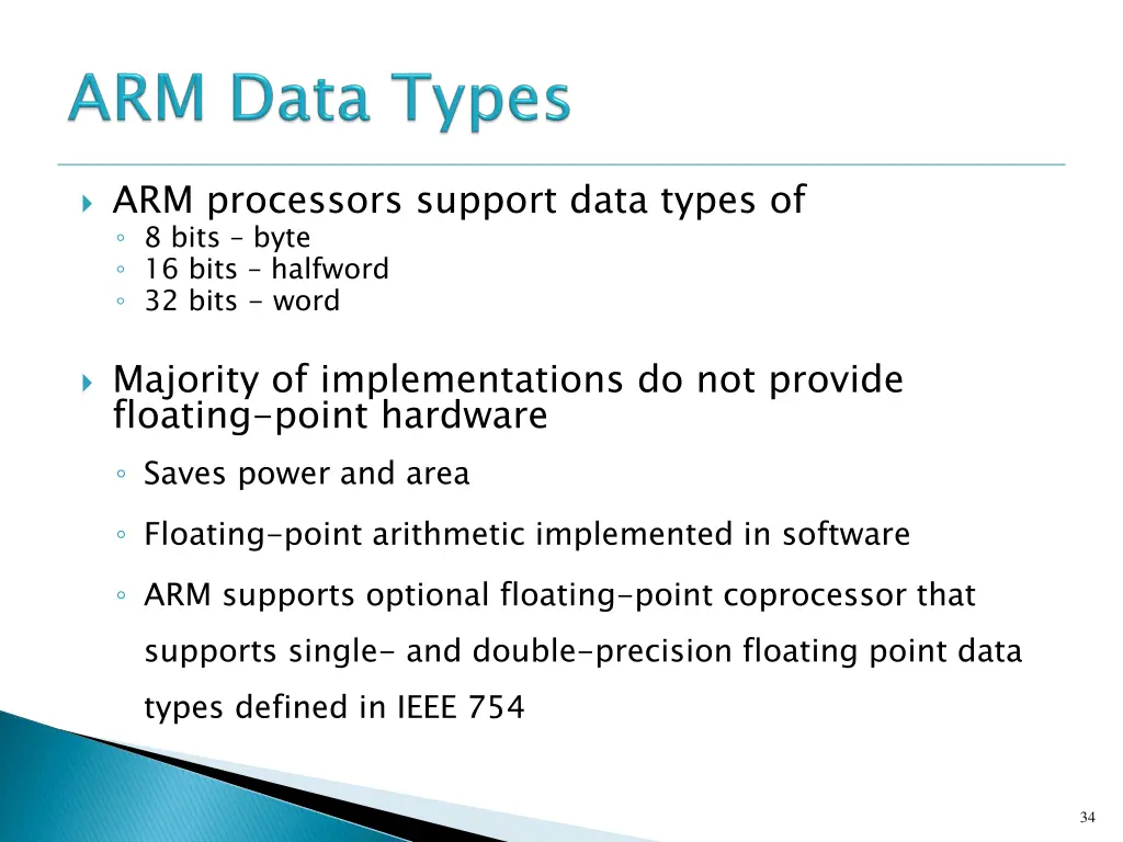 arm processors support data types of 8 bits byte