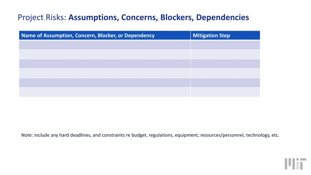 project risks assumptions concerns blockers