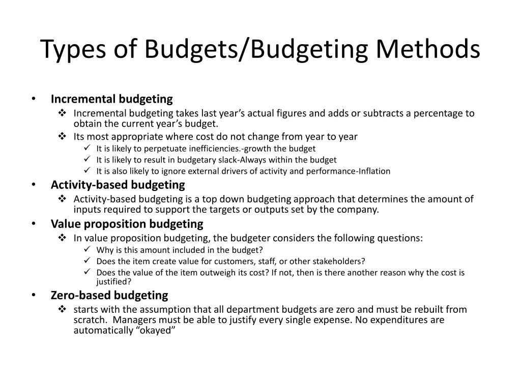 types of budgets budgeting methods