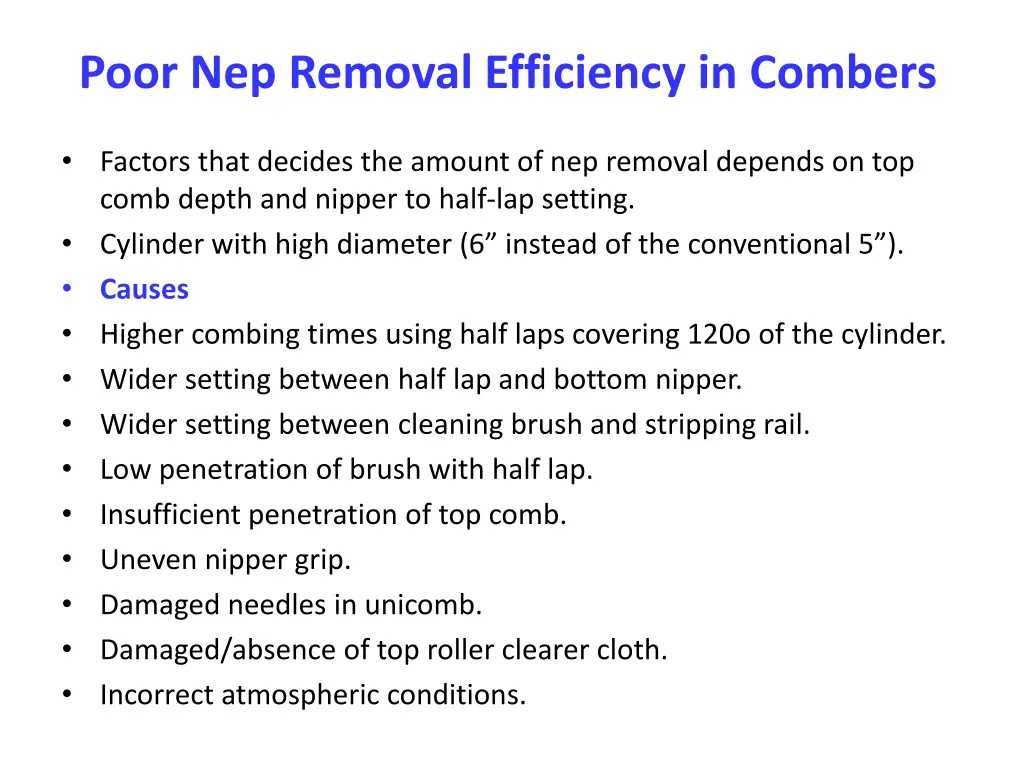 poor nep removal efficiency in combers