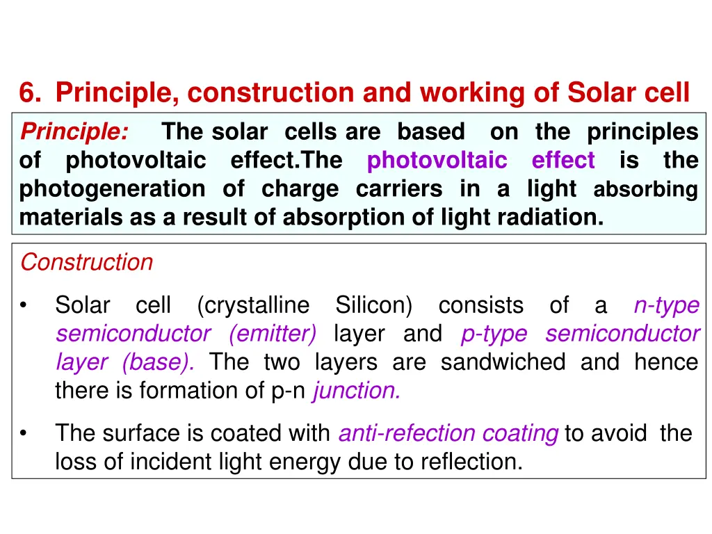 6 principle construction and working of solar