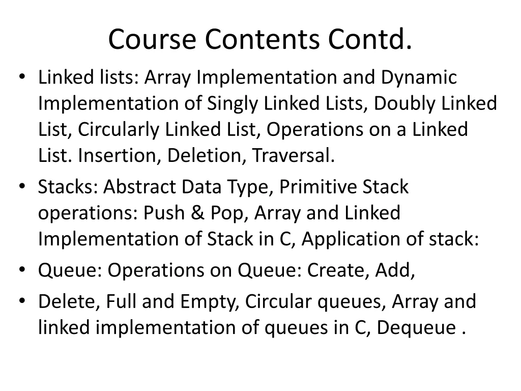 course contents contd linked lists array