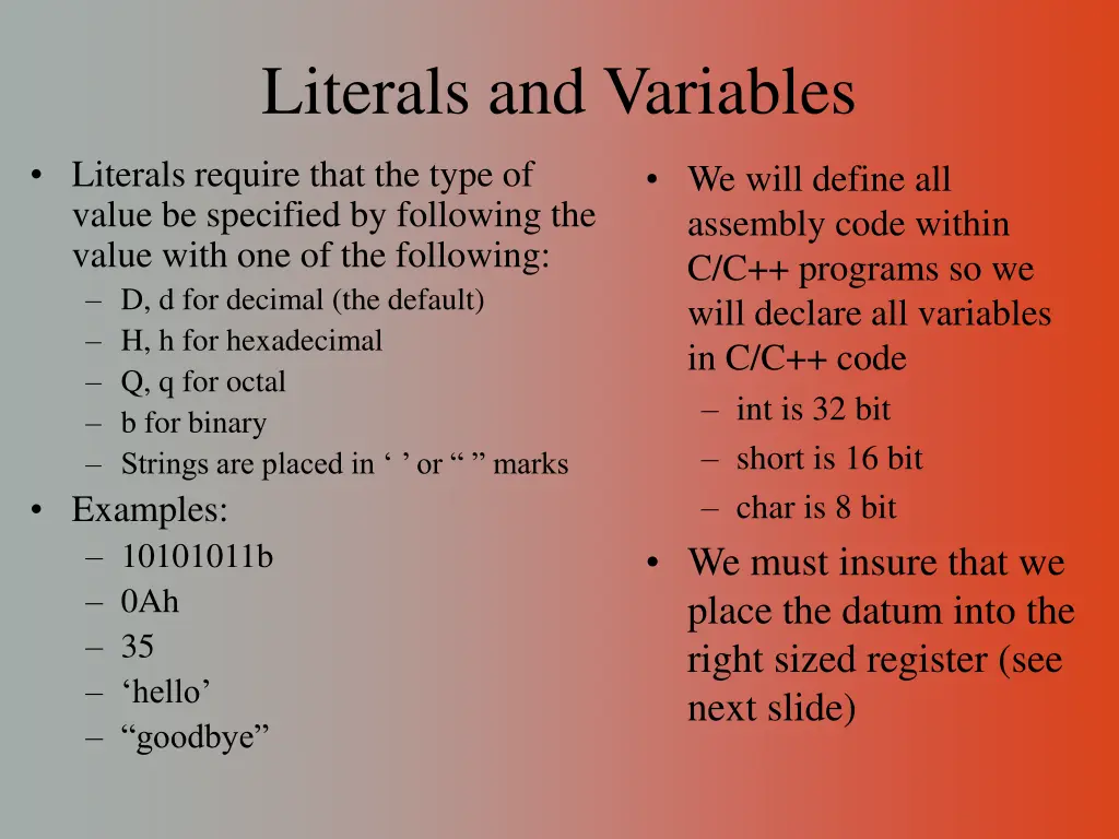 literals and variables