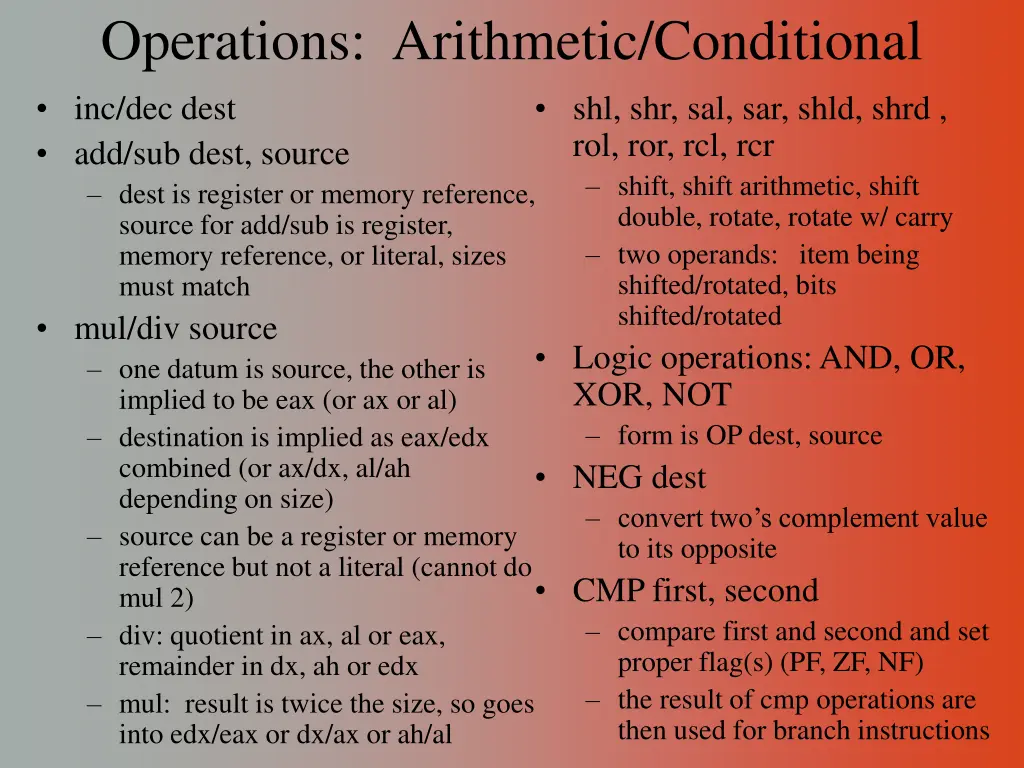 operations arithmetic conditional inc dec dest