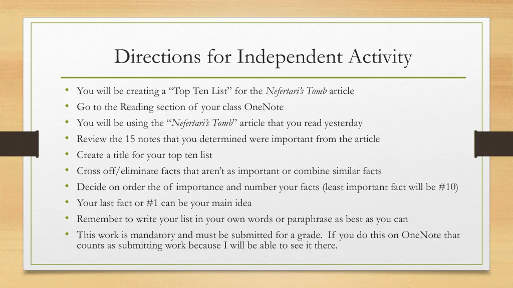 directions for independent activity