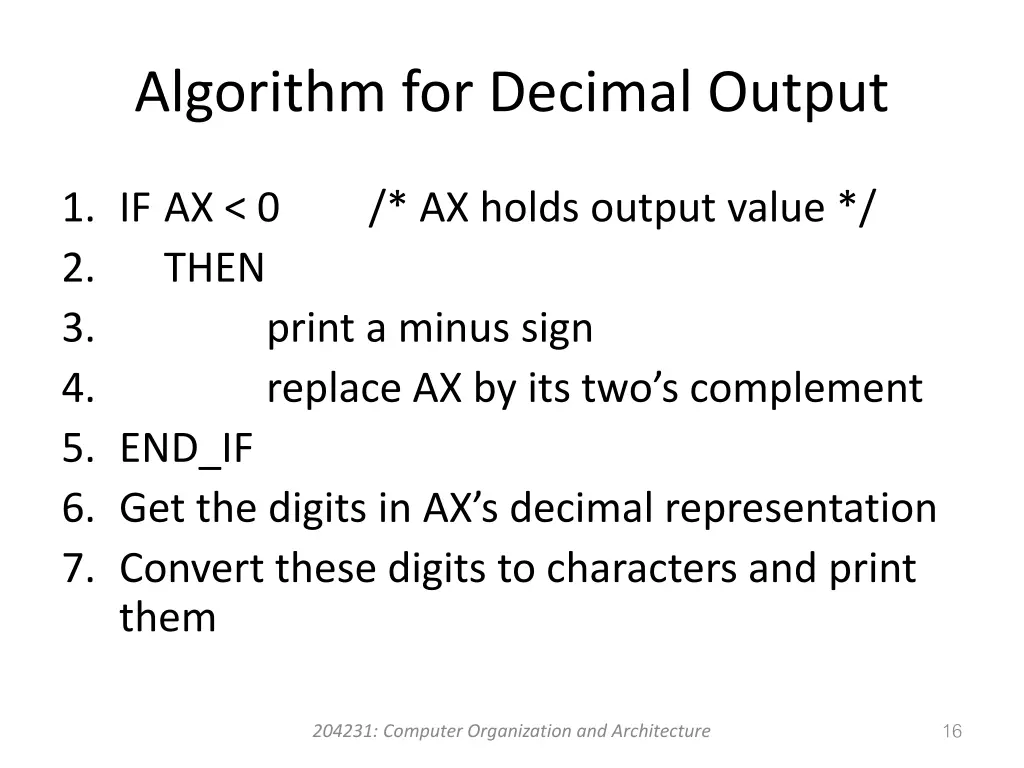 algorithm for decimal output