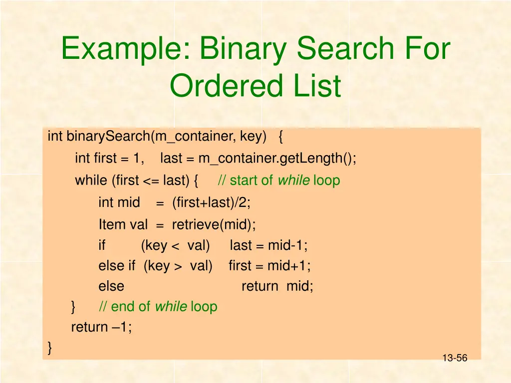 example binary search for ordered list