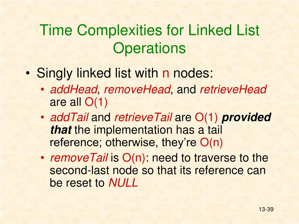 time complexities for linked list operations