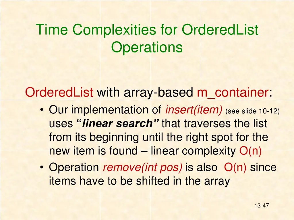 time complexities for orderedlist operations