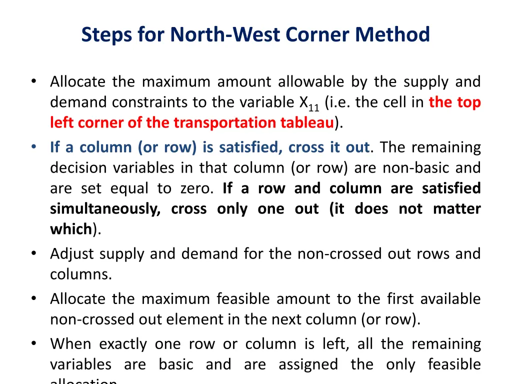 steps for north west corner method