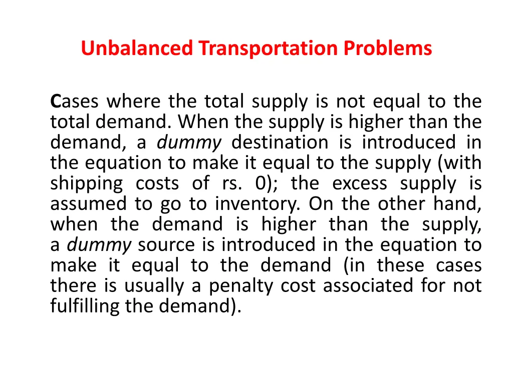 unbalanced transportation problems