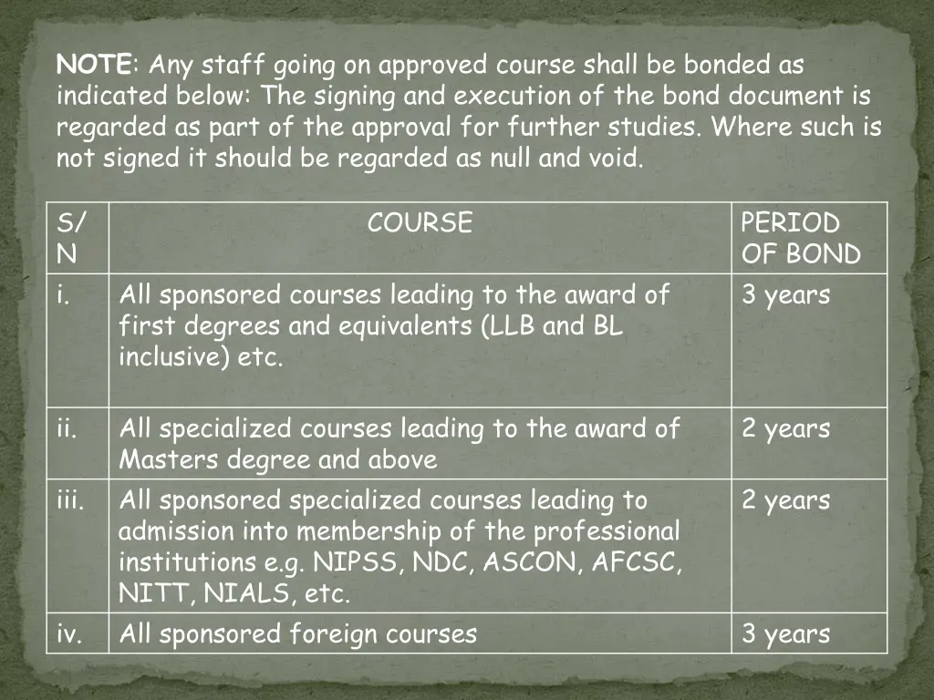 note any staff going on approved course shall