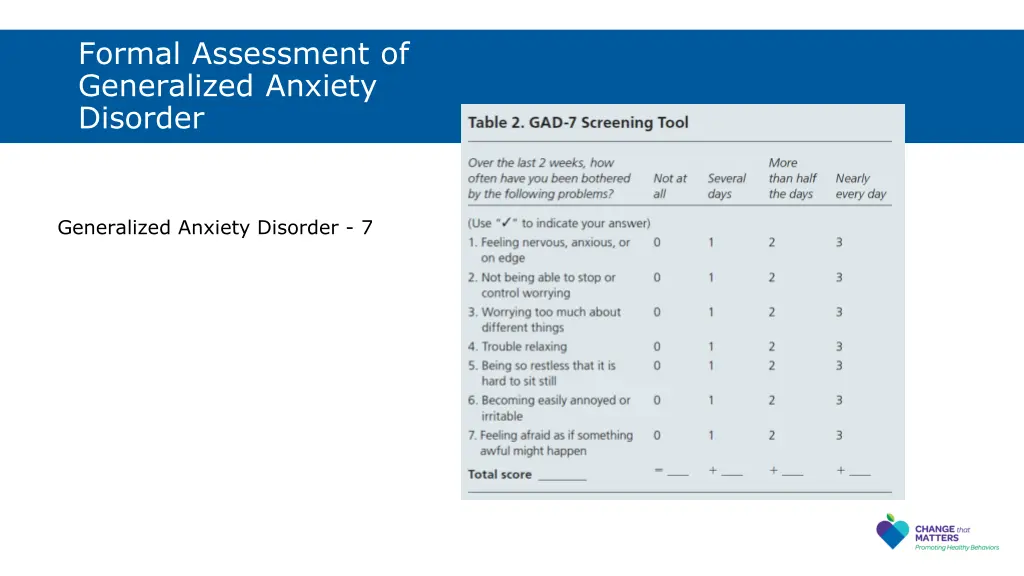 formal assessment of generalized anxiety disorder