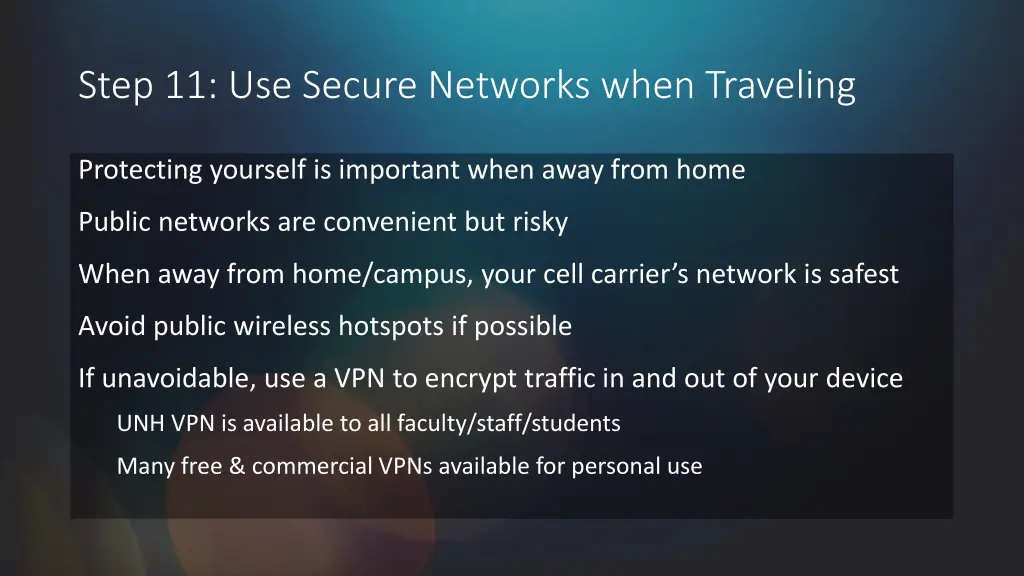 step 11 use secure networks when traveling