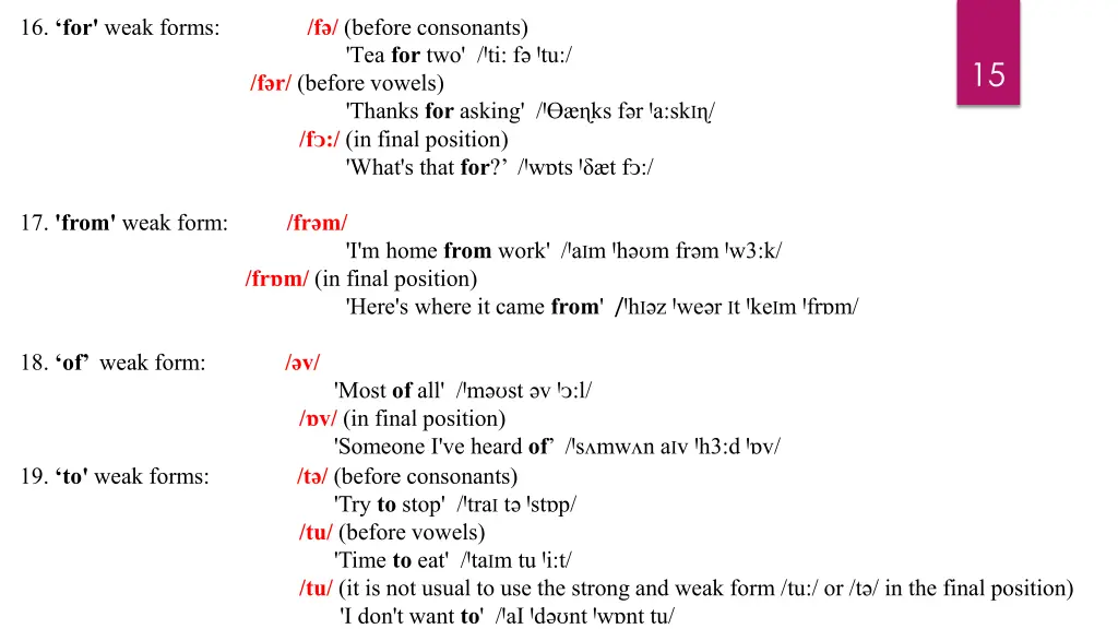 16 for weak forms f before consonants