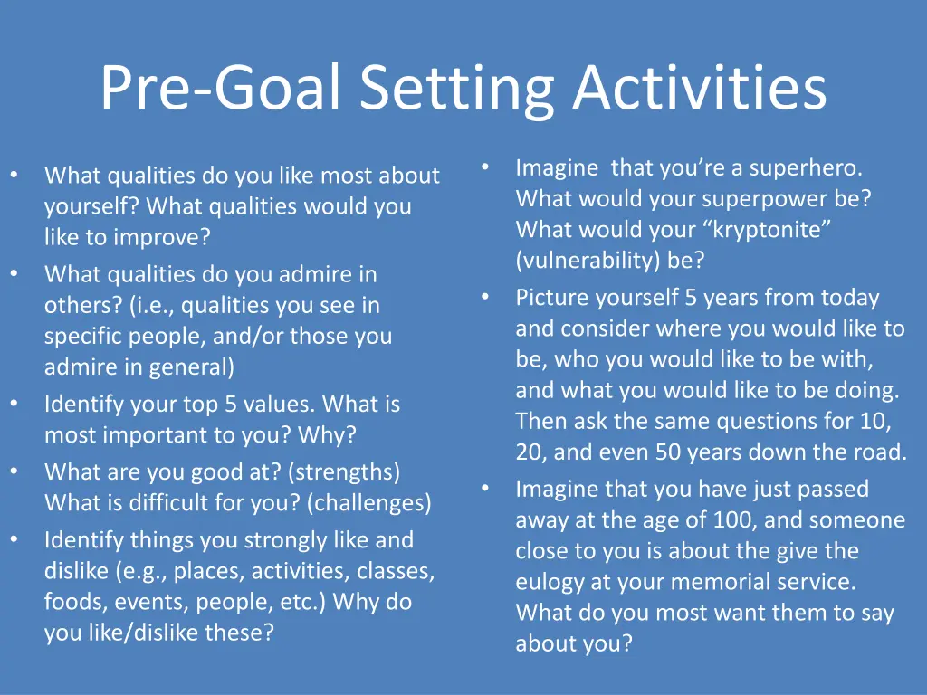 pre goal setting activities