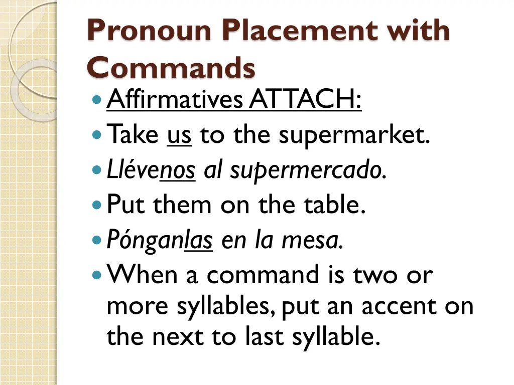 pronoun placement with commands affirmatives