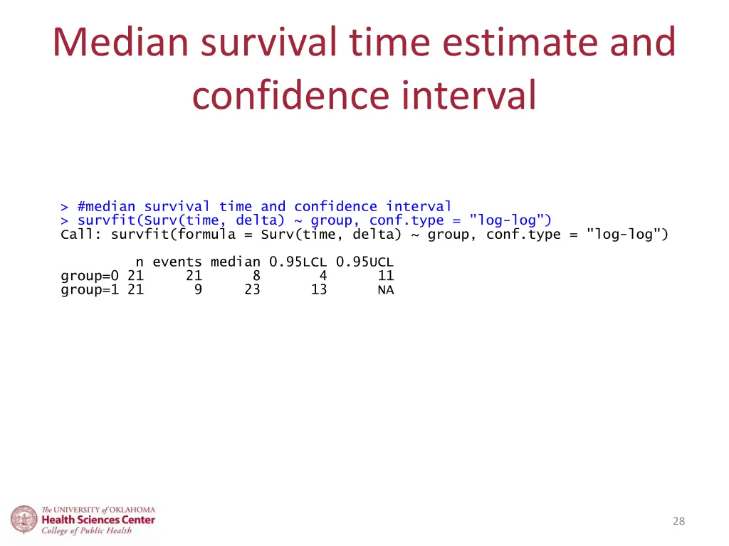 median survival time estimate and confidence