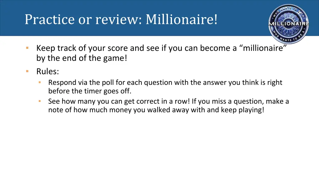 practice or review millionaire