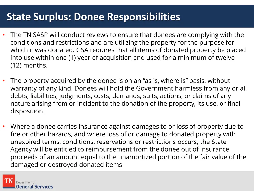 state surplus donee responsibilities