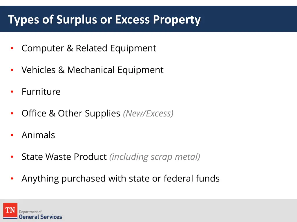 types of surplus or excess property