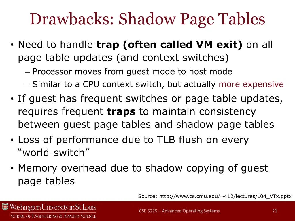 drawbacks shadow page tables