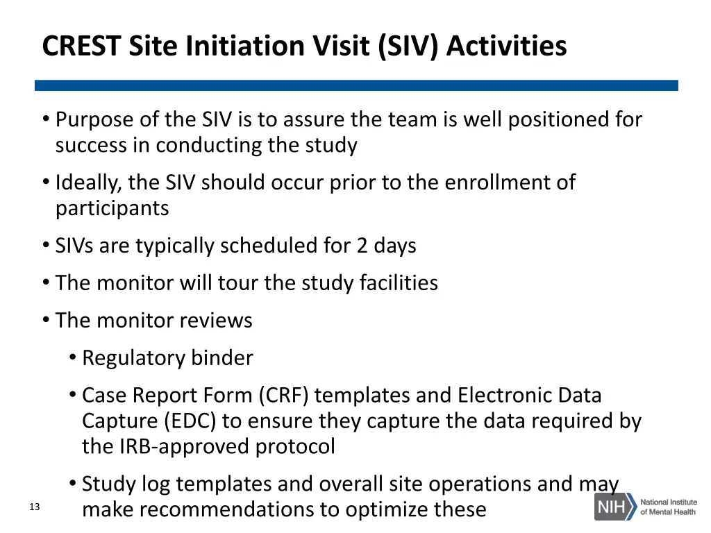 crest site initiation visit siv activities