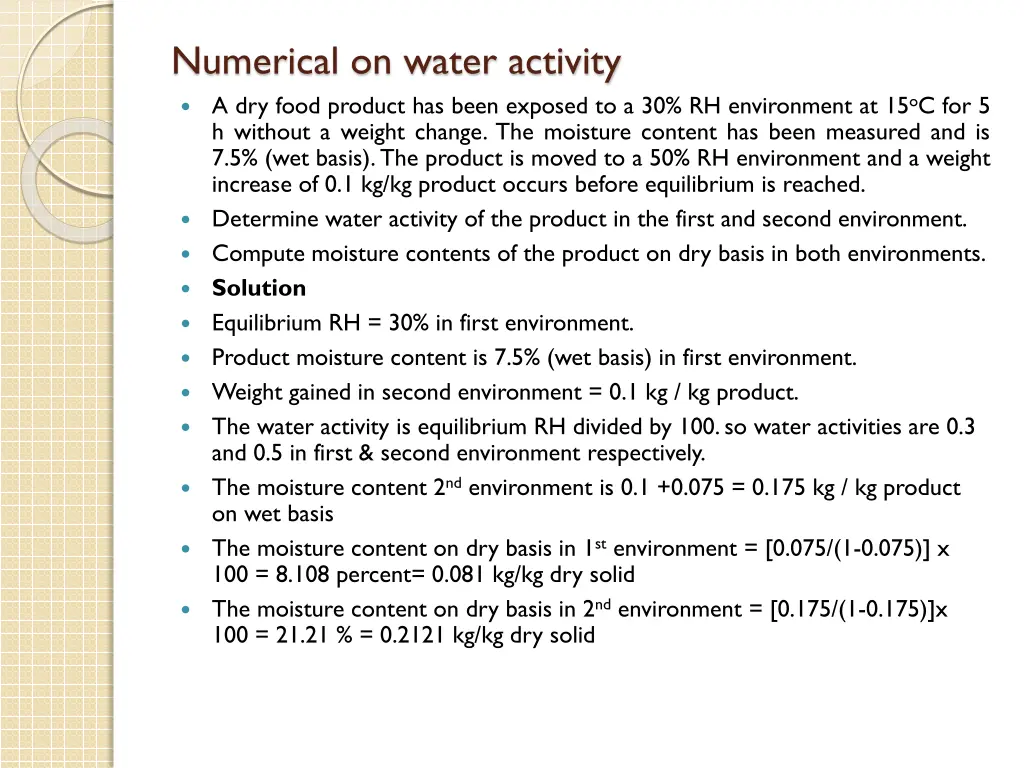 numerical on water activity a dry food product