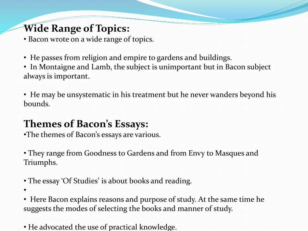 wide range of topics bacon wrote on a wide range