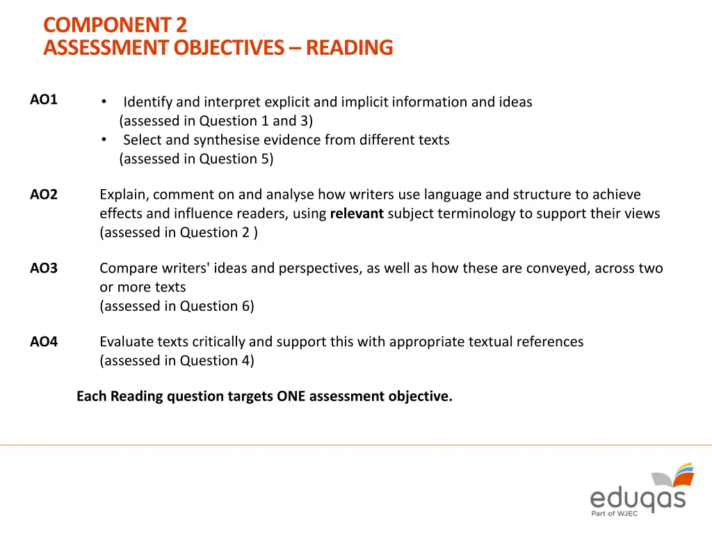 component 2 assessment objectives reading