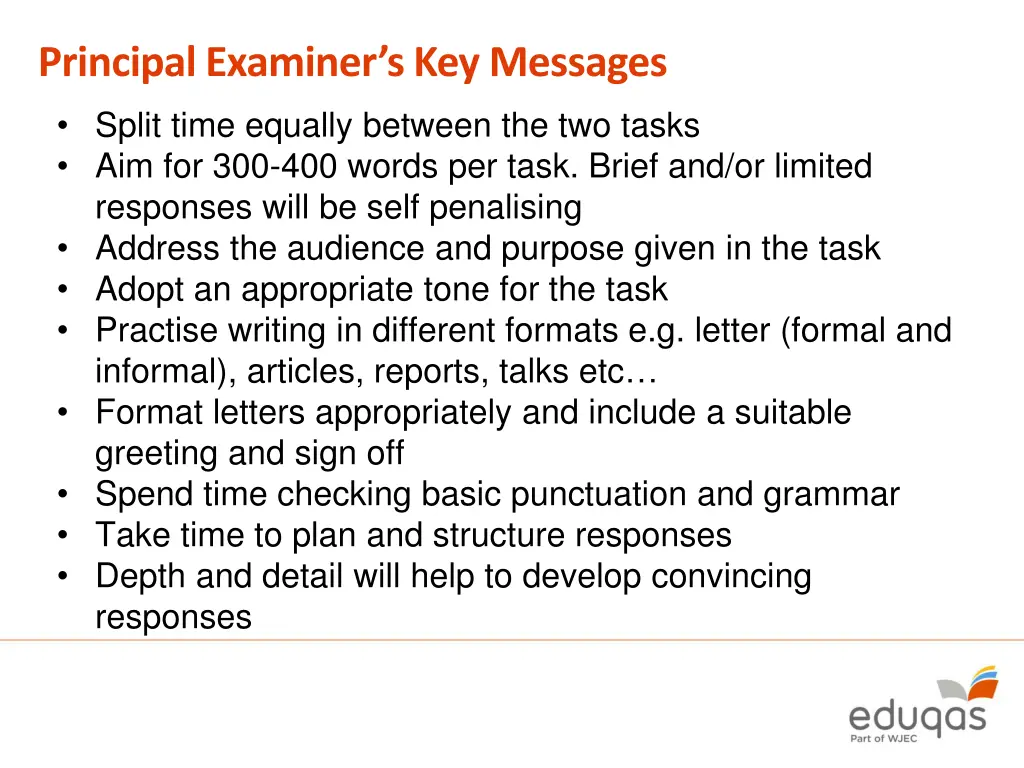 principal examiner s key messages split time