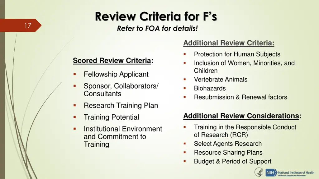 review criteria for f s refer to foa for details