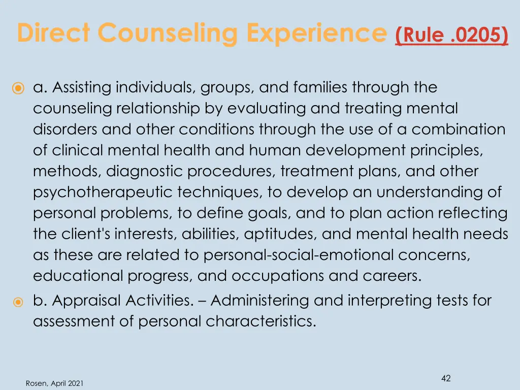 direct counseling experience rule 0205