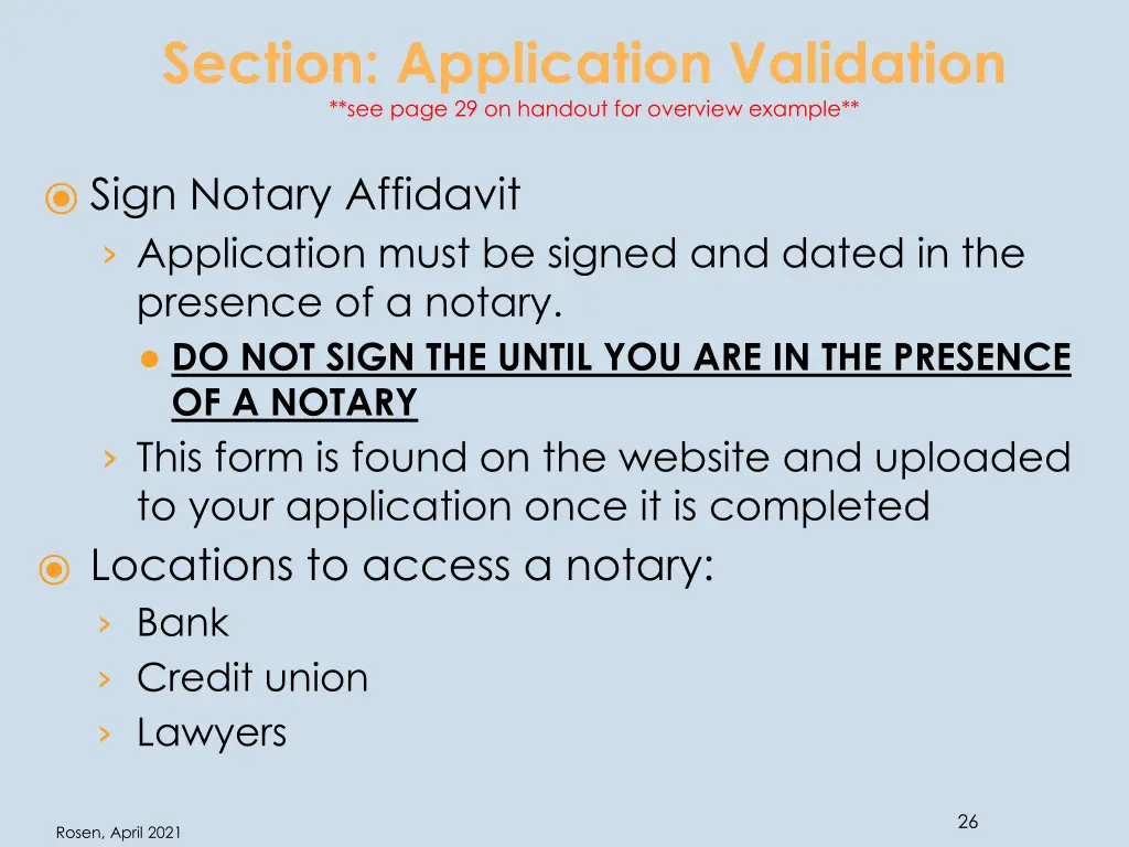 section application validation see page